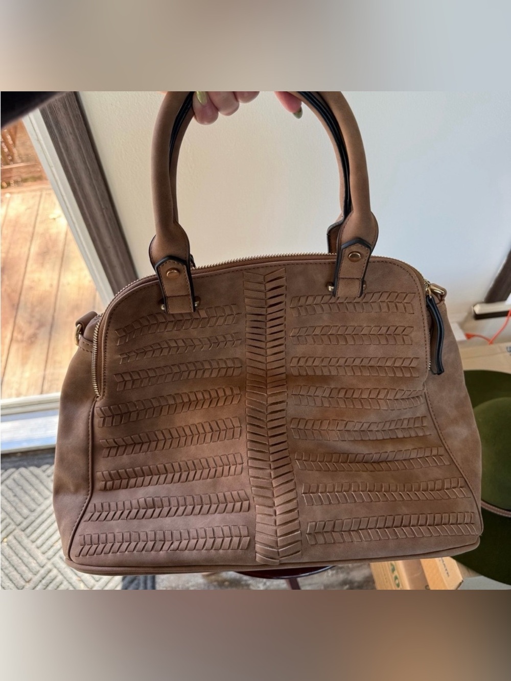 Taupe Womens Shoulder Bag with Woven Detail